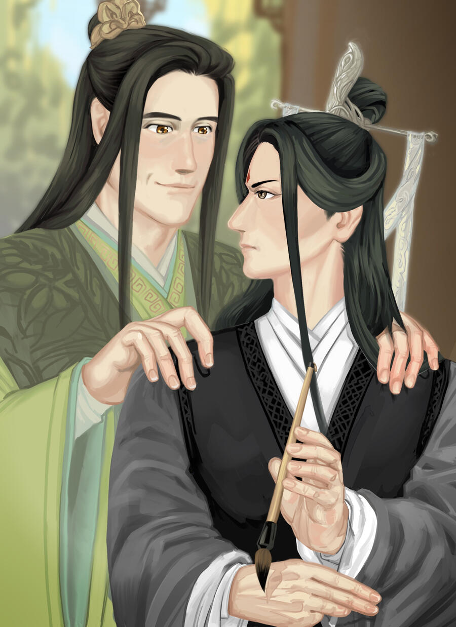 Yue Qingyuan smiles while trying to massage Shen Qingqiu’s shoulders. Shen Qingqiu pouts slightly while holding back his sleeve with one hand and a dripping brush with the other.