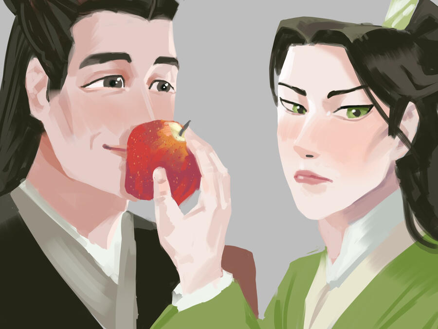 Yue Qingyuan smiling while Shen Qingqiu presses a Christmas apple on his lips, looking the other way in embarrassment.