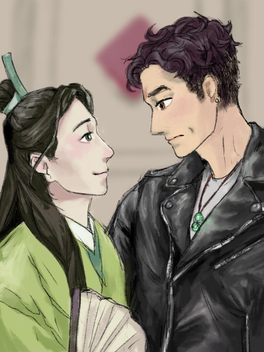 Shen Qingqiu smiles up at a modern Luo Binghe with cropped hair a leather jacket and his fake jade pendant. They are standing next to a pasted red sign on a door.