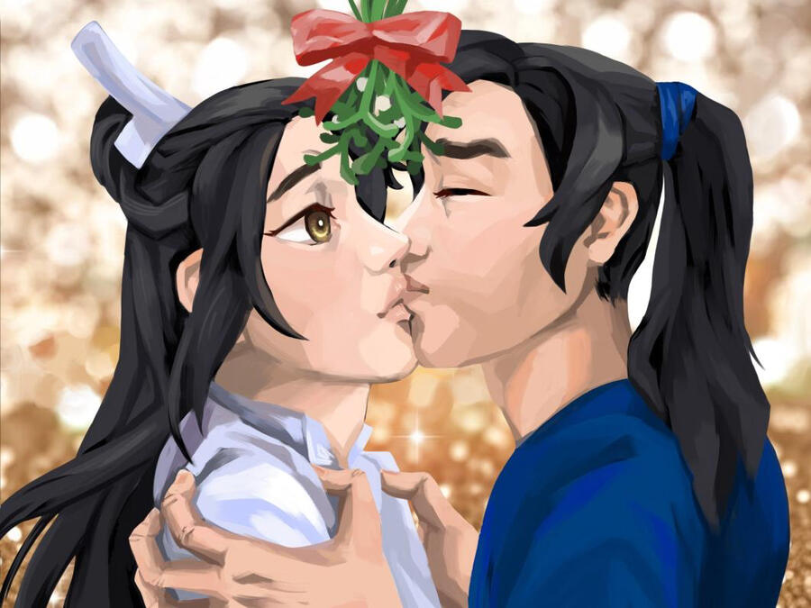 Chu Wanning with his eyes open in surprise as Mo Ran grabs him by the shoulders and and kisses him with his eyes closed. A sprig of holly brushes against their foreheads.